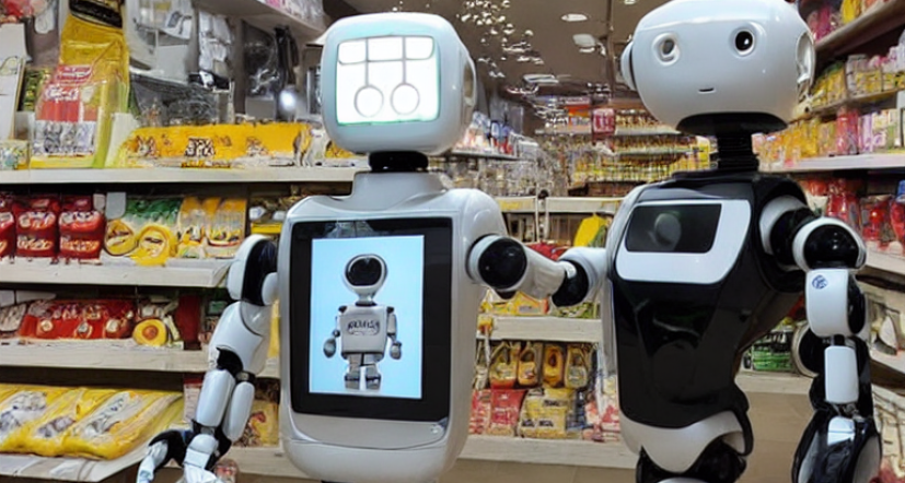 Robots en la tienda transformación digital, tecnologías digitales y presencia en línea.